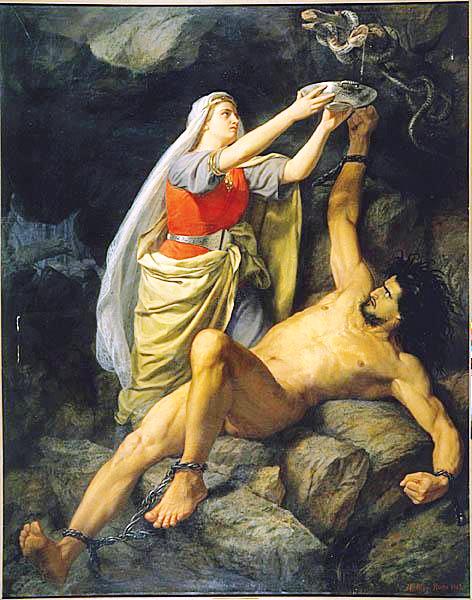 Loki acorrentado e sua esposa Sigyn — mitologia nórdica